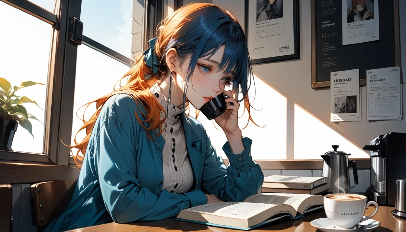 Illustrator, anime, realistic, sketch, one person, album artwork, lips, morning café, sitting, desk, drinking coffee while reading a book, gaze focused on the book, left hand holding coffee, (masterpiece, highest quality), orange and marine blue hair, simple long-sleeved clothes, delicate eyes, slanted eyes, gaze focused on the book, (masterpiece, highest quality),オレンジとマリンブルーメッシュが入った髪の色