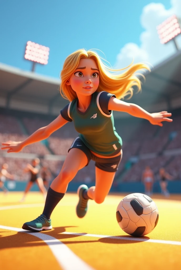A 3D Disney Pixar-style animation image showing a netball player in a game about to pass, Caucasian female, blond hair
