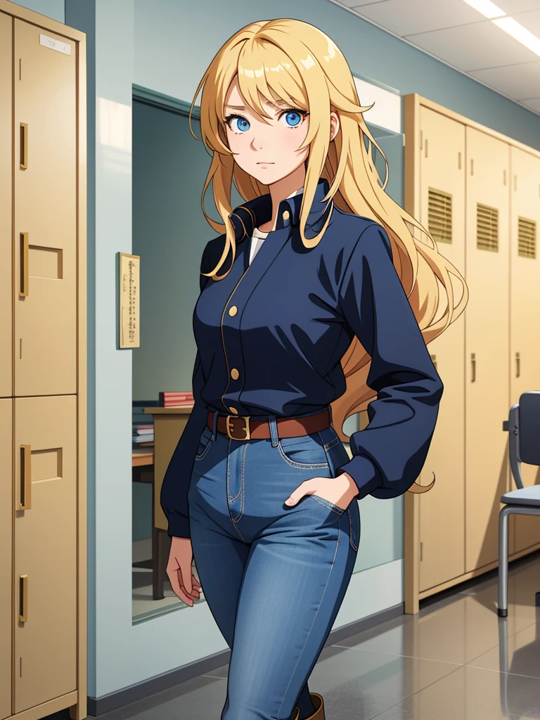 Anime style female character with blond, wavy, waist-length hair, side V bangs, and blue eyes, portraying a calm and dignified demeanor with a mature face. She is wearing skinny jeans with high boots over the jeans, and a refined top. The setting is a typical Japanese school hallway, featuring lockers and classroom doors, embodying her composed and authoritative personality. The character stands confidently, reflecting her strong presence in this academic environment.