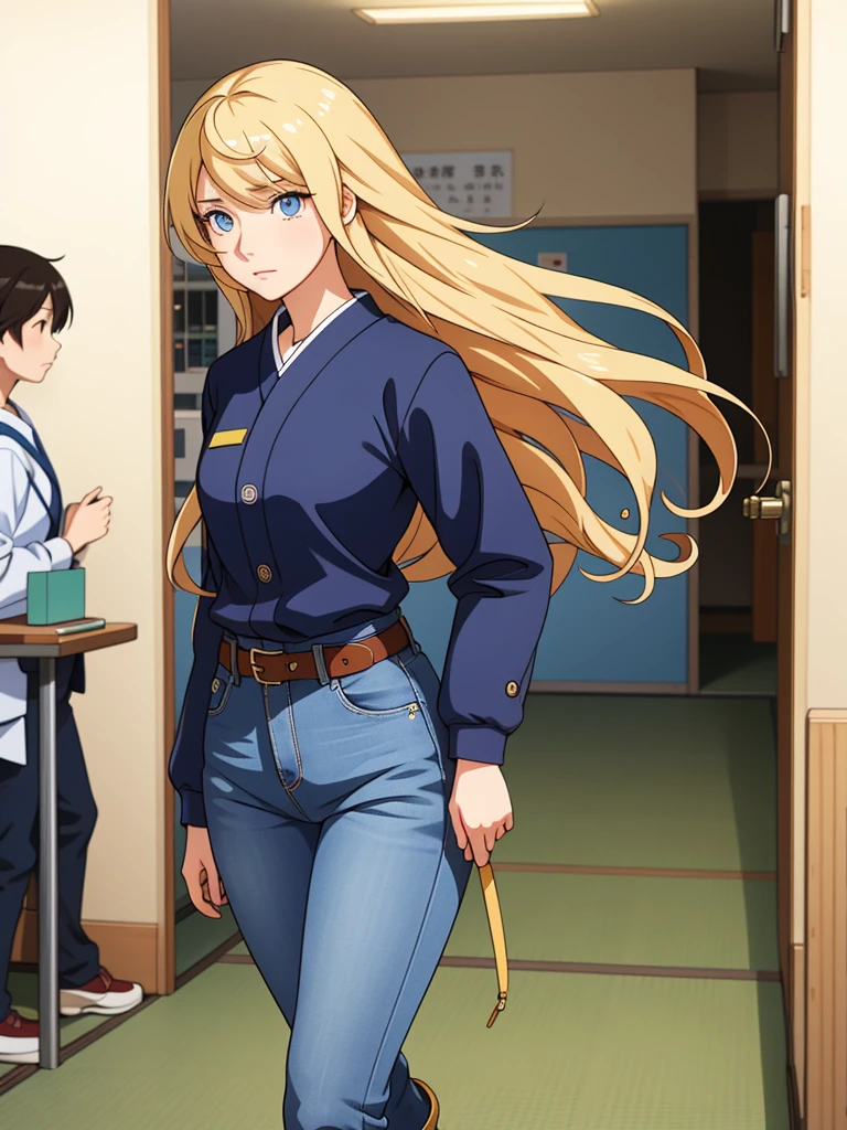 Anime style female character with blond, wavy, waist-length hair, side V bangs, and blue eyes, portraying a calm and dignified demeanor with a mature face. She is wearing skinny jeans with high boots over the jeans, and a refined top. The setting is a typical Japanese school hallway, featuring lockers and classroom doors, embodying her composed and authoritative personality. The character stands confidently, reflecting her strong presence in this academic environment.