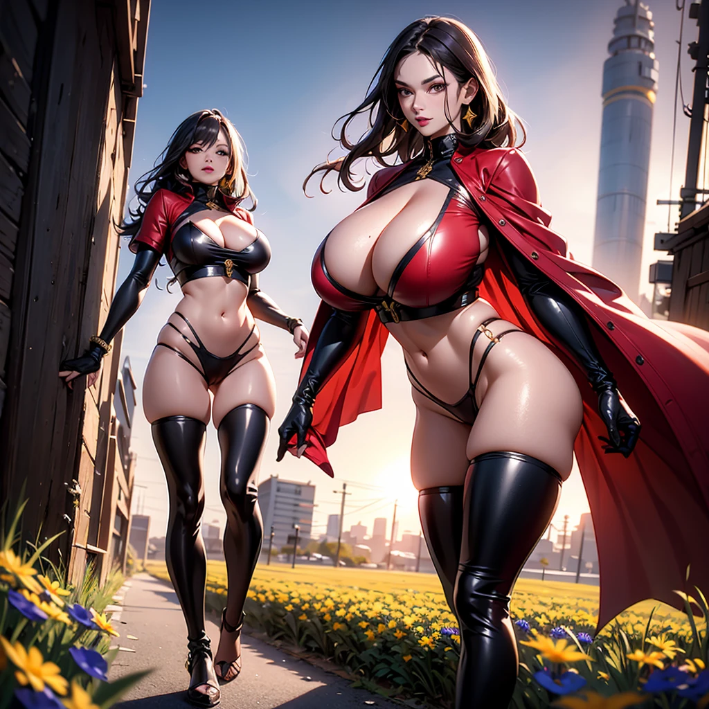 ((best quality)), (detailed), 1 women big pornstar, 8k_wallpaper, extremely detailed eyes, (large masterpiece digital art), (intricate details:1.3 ), (ultra-detailed:1.3), (sharp focus:1.3), (natural lighting:1.05), (vivid colors:1.3), (best quality:1.4), expressive eyes, full body, detailed face, beautiful face, perfect face, ((hair black curls)), (gold eyes), {{dark skin}}, ({dark skinned female}), (big breasts), huge chest, big wide ass, powerful relief muscles of the abdomen and legs, powerful strong muscles of the arms, belly piercing with blue emeralds, cruel predatory and cold-blooded arrogant look and smile, an open red coat with rolled up sleeves, a translucent blue crop top very clear outlines of huge pointed nipples with large piercings under the fabric, steel combat pauldrons, steel bracers and leather gloves, leather shorts under which I can see the clear outlines of a big vagina, she walks along a path in the middle of purple flowers and a purple wheat field against the backdrop of a dirty SUV jeep and a red sun, cyberpunk style and post-apocalypse,