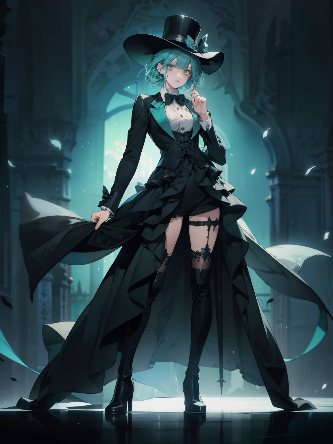 anime female character, shoulder length hair, medium turquoise color hair, bangs, green eyes, vest, boots, full body shot, pose, elegant, bangs, ouji fashion, "Black Butler" inspired outfit., butler outfit, suit, coat, fancy top hat, bowties, anime, Gothic art, anime, Gothic art, masterpiece, anatomically correct, accurate, high details, highres, 4K, 8K, highres, 1080P, super detail, masterpiece, anatomically correct,