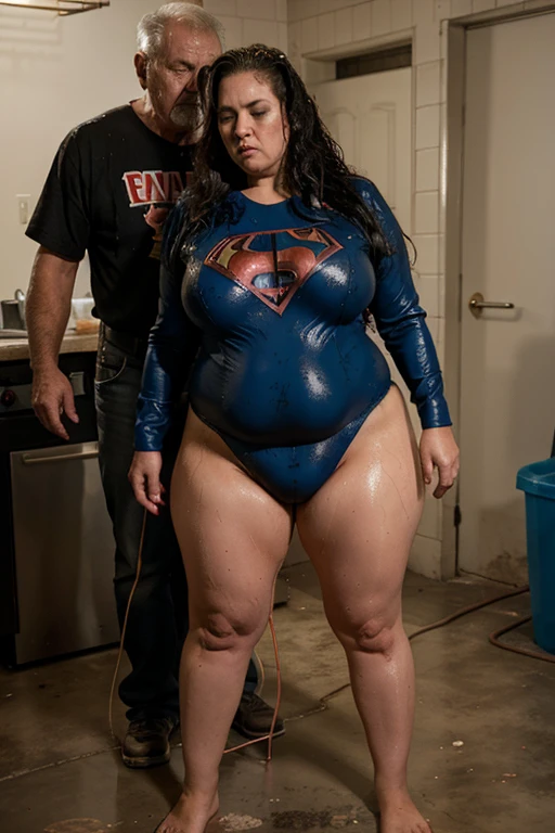Superhero bbw is standing and electrocuted in front of an old man who electrocutes her, full body, mature bbw, submissive and exhausted, urinating and defecating standing, wet and dirty clothes