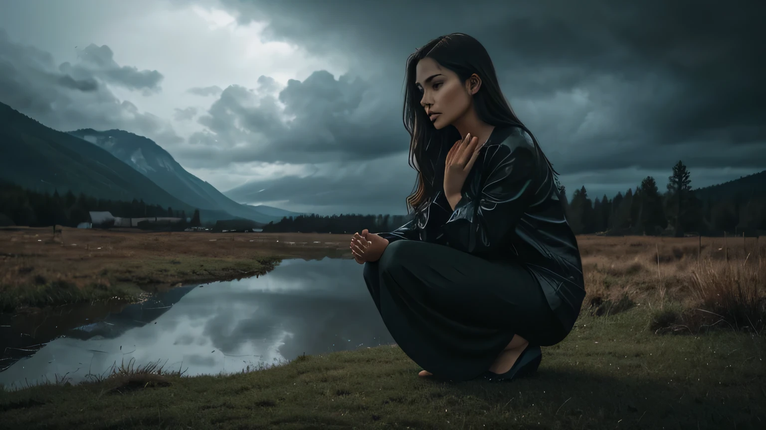 a woman praying on her knees,hands together begging heaven,imposing landscape of nature under the rain,detailed face and features,beautiful detailed eyes,beautiful detailed lips,extremely detailed portrait,highly realistic,photorealistic,dramatic lighting,moody atmosphere,muted color palette,dramatic clouds,rainy weather,cinematic composition,masterpiece,best quality,8k,extremely detailed,hyperrealistic,professional photograph,stunning beauty,ethereal,spiritual,emotional
