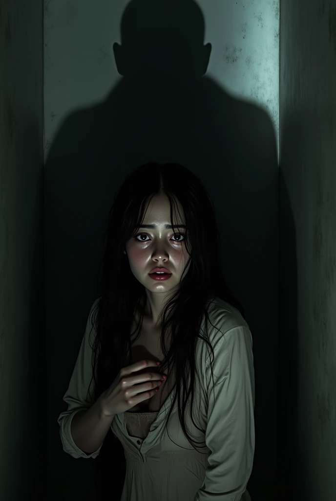 A white woman, with her black hair. Locked in a room and behind a big man who only sees his shadow.