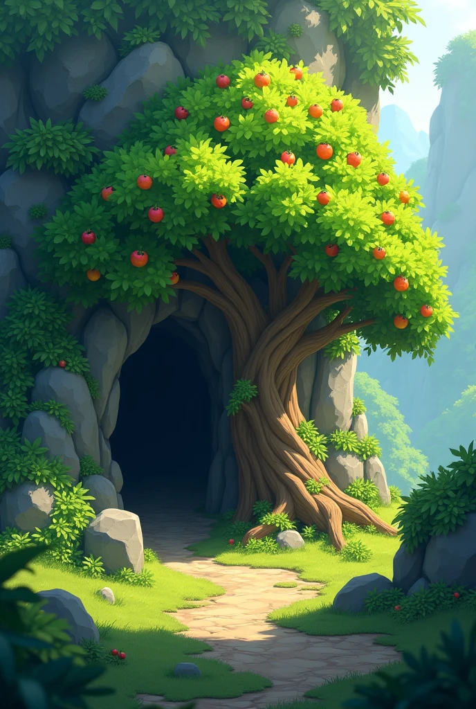 create an image of a cave with a green fruit tree outside of it animated without an owl and more animated WITHOUT OWL cave
