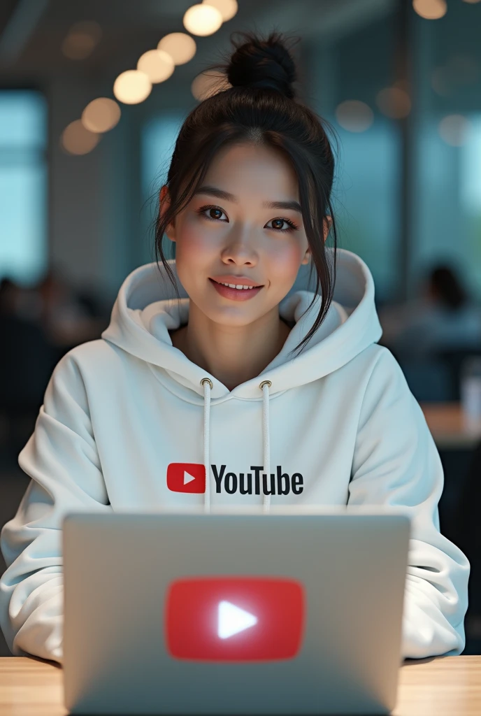 Create me a girl sitting behind a table exactly in front of camera , confidently looking into my camera wearing white hoodie with Ai Girl logo on its front , with a laptop on table with big youtube logo