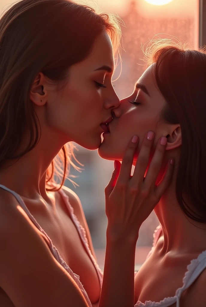 There are 2 adults European women , Caressing each other, lesbian, making love together, Purple and Ginger hair, Natural MakeUp, Eye shadow, natural makeup, long curved hait, beautiful chest, Second Life Avatar, Beautiful screenshot, Second Life, attractive woman, high quality, highly detailed skin, dynamic pose