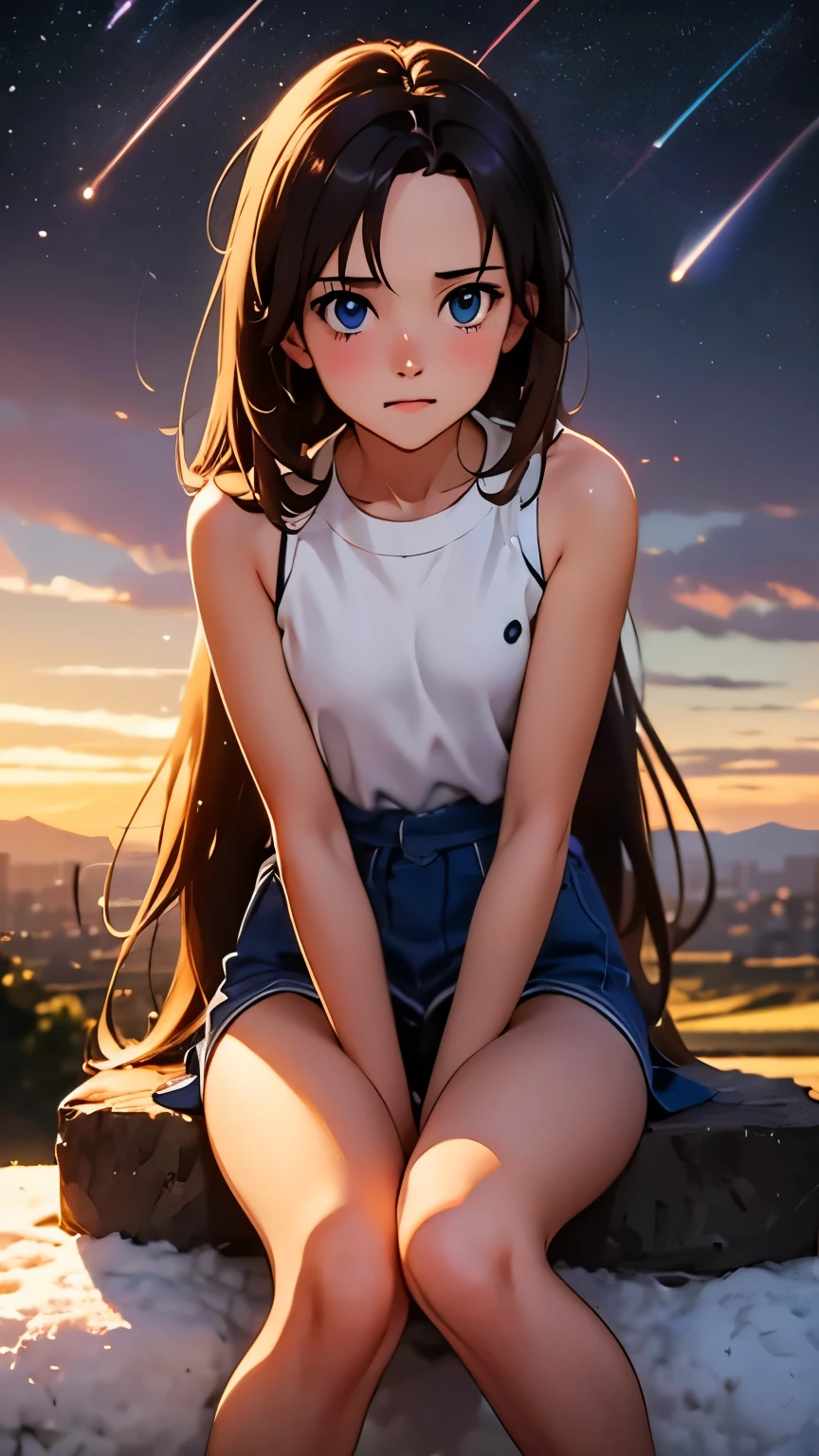 Vast landscape photography, Fisheye Lens:1.3，A  is standing looking at the cityscape in the distance, Very short stature，Flat Chest，Very thin thighs，Looking up at the sky, shooting star, Firefly, dream, Makoto Shinkai Cyril Rolland, Space Sky. by makoto shinkai, 32K Anime Wallpapers, anime wallpaper 4k, anime art wallpaper 4k, Anime Art Wallpapers 32K, Sitting on a cloud in space, Anime Art Wallpapers 8K, Place your hands on your knees，From below，