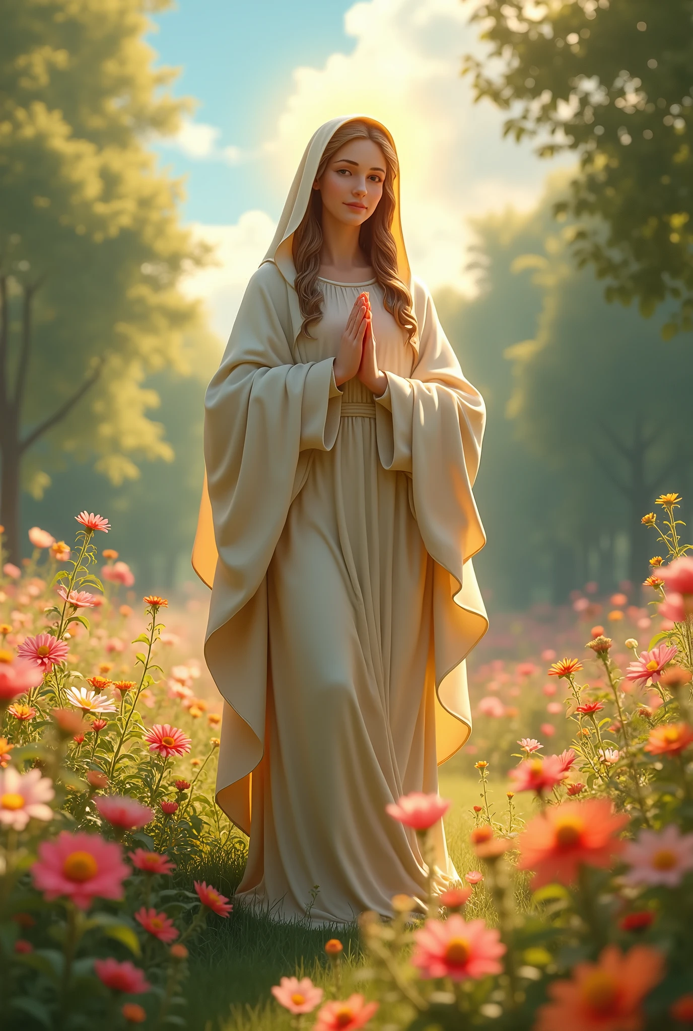 Stunning Mary of Nazareth, mother of Jesus,  in a flowery park, blue sky and sun illuminating Maria, an angel from heaven blessing mary, 8k photo, divine countenance, Disney style Piar