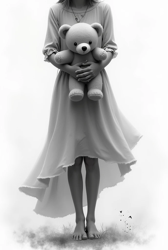 The legs of one with a dress , and holding a teddy bear in his hands, black and white like a watercolor style image