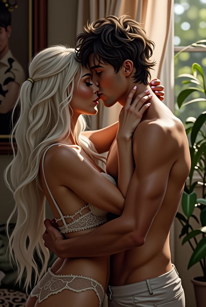 Girl with long white hair and green eyes in lingerie with a guy with a short haircut and black hair kissing on the lips 