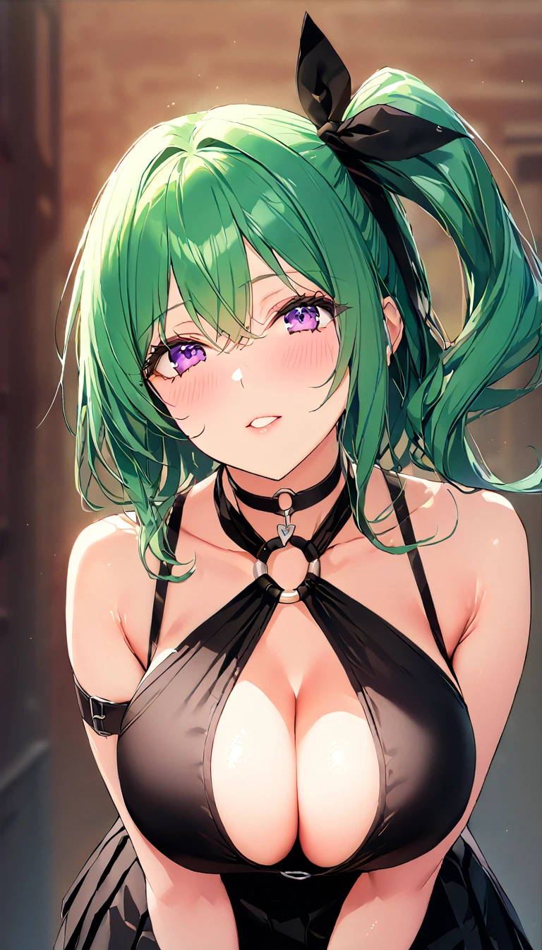 (boobfuck), perpendicular paizuri, close-up, faceless male,Breasts Squeezed Together,t Cleavage Cutout ubel_olis,side ponytail,medium hair,green hair,purple eyes,large breasts,o-ring choker, halterneck, black dress, armlet, arm strap, single elbow glove, black belt, pleated skirt, suspenders hanging,, Score_9, Score_8_up, Score_7_up, Score_6_up, Score_5_up, Score_4_up, BREAK,1girl in full growth, best quality, masterpiece, ultra-detailed, high quality,good quality,1 girl,(master piece,high resolution, ultra detailed,8K,16K),look at viewer