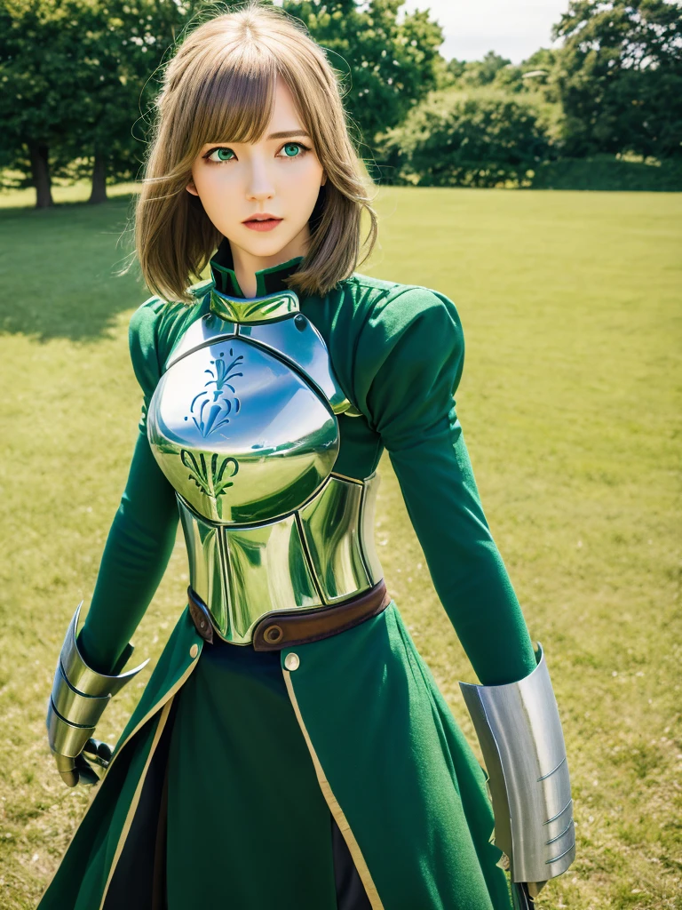masterpiece, best quality, highres, close up, portrait, aasaber, green eyes, ahoge, gauntlets, standing, cowboy shot, outdoors, field, grass
