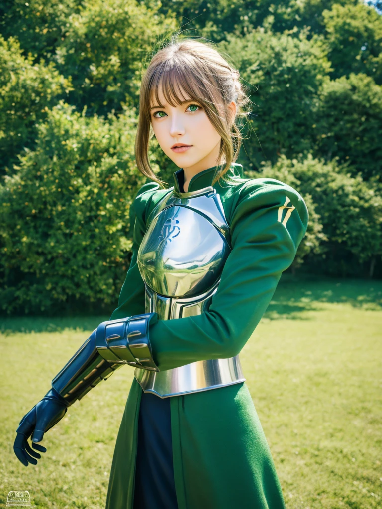 masterpiece, best quality, highres, close up, portrait, aasaber, green eyes, ahoge, gauntlets, standing, cowboy shot, outdoors, field, grass