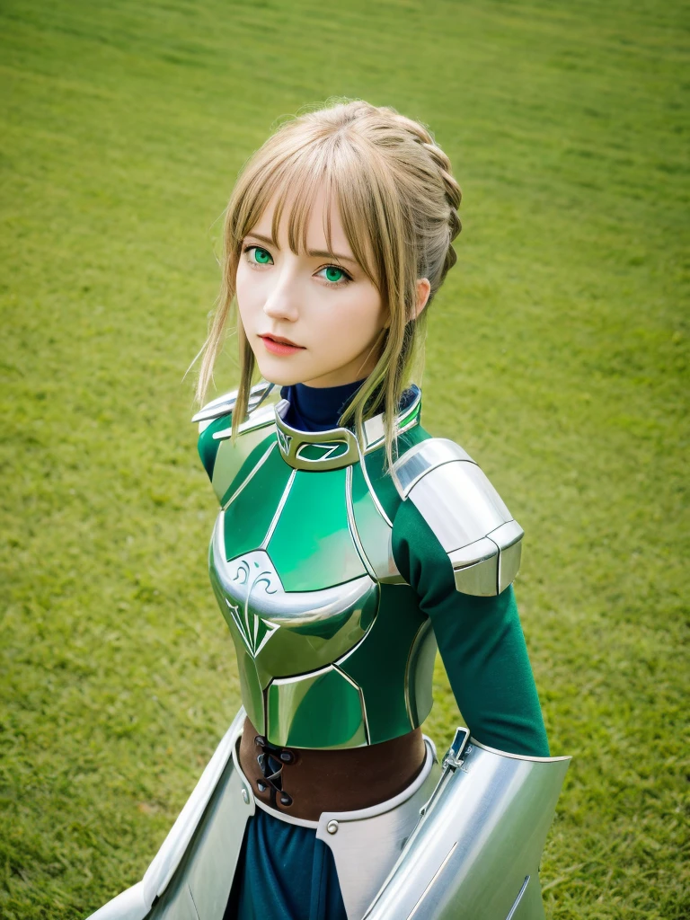 masterpiece, best quality, highres, close up, portrait, aasaber, green eyes, ahoge, gauntlets, standing, cowboy shot, outdoors, field, grass