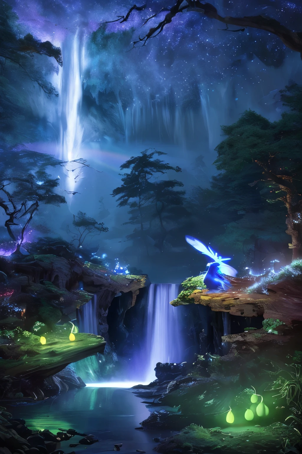 masterpiece, 最high quality, high quality, CG, 8k, scenery, night, null, cloud, no one〜do not have ,Lush forest, Beautiful waterfall, rainbow, Fantasy Images, fire Fly, moonlight, Aurora, wood, black snake on wood, A flock of apples, mousse, Albino deer, White Rabbit,