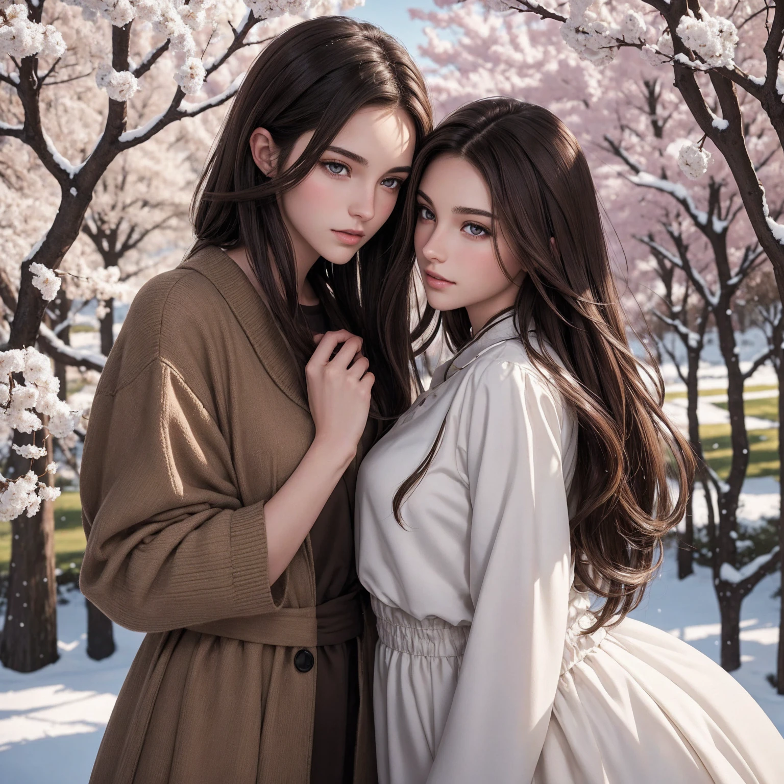 Tall slim snow-white boy with light brown eyes and brown hair with a beautiful face looking at each other in love with a Brunette girl with black and brown hair, brown eyes with very dark skin and a beautiful face under a fantastic cherry tree, work of art, hd, high quality, detailed,