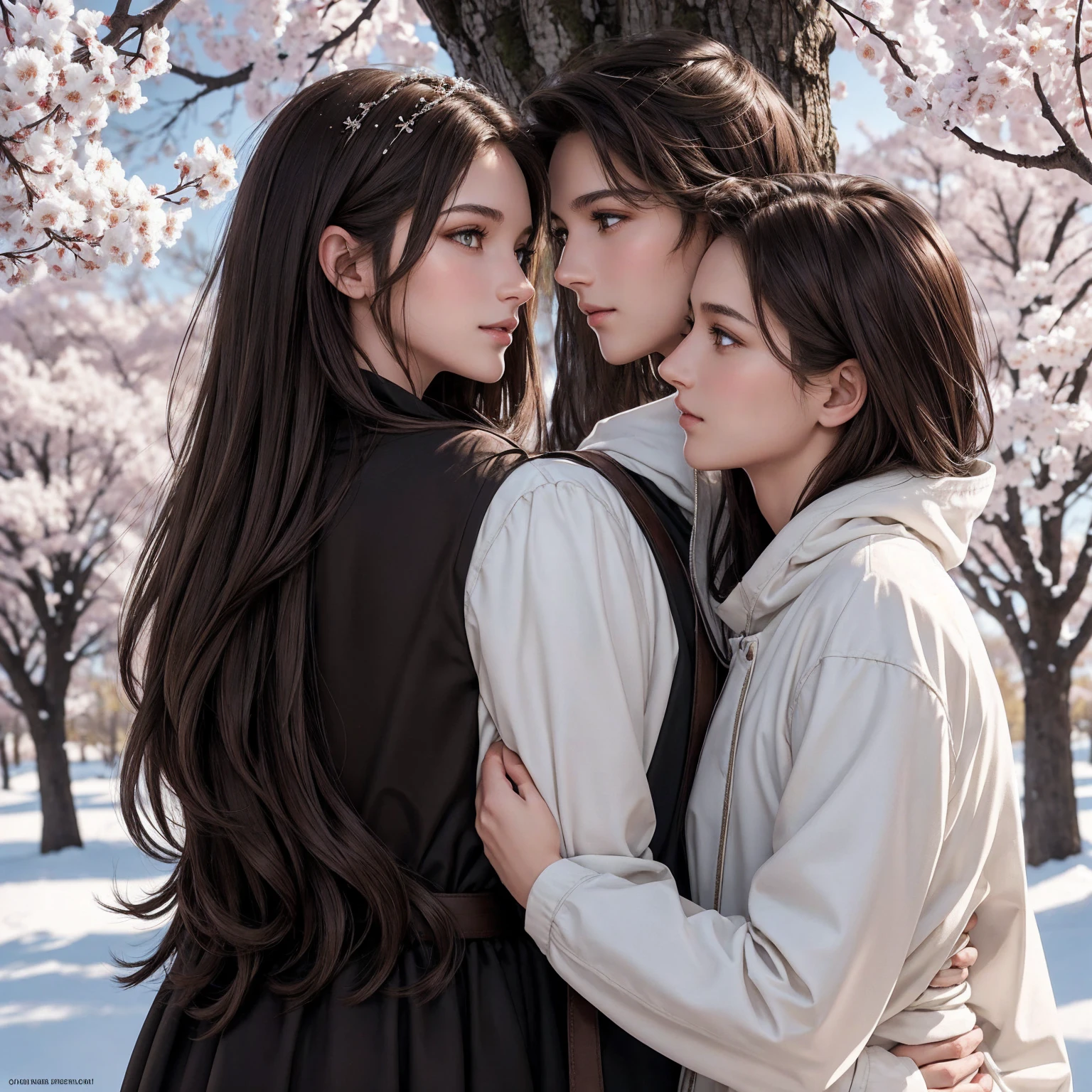 Tall slim snow-white boy with light brown eyes and brown hair with a beautiful face looking at each other in love with a Brunette girl with black and brown hair, brown eyes with very dark skin and a beautiful face under a fantastic cherry tree, work of art, hd, high quality, detailed,