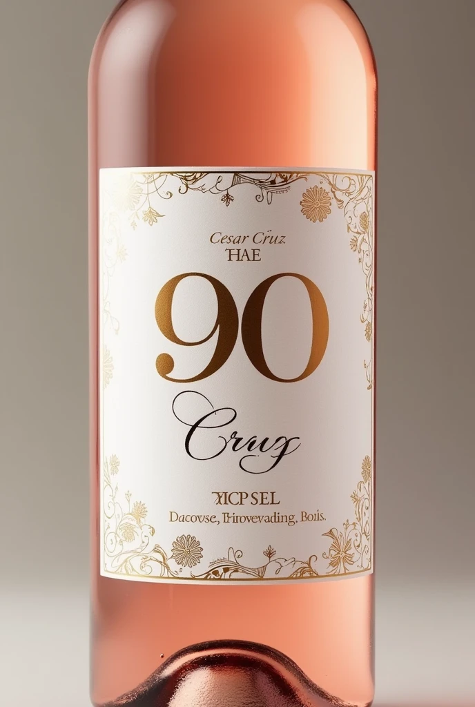 Rose wine label that says my 90 years CESAR CRUZ PAPASHE white and gold color musical theme on the label without photo