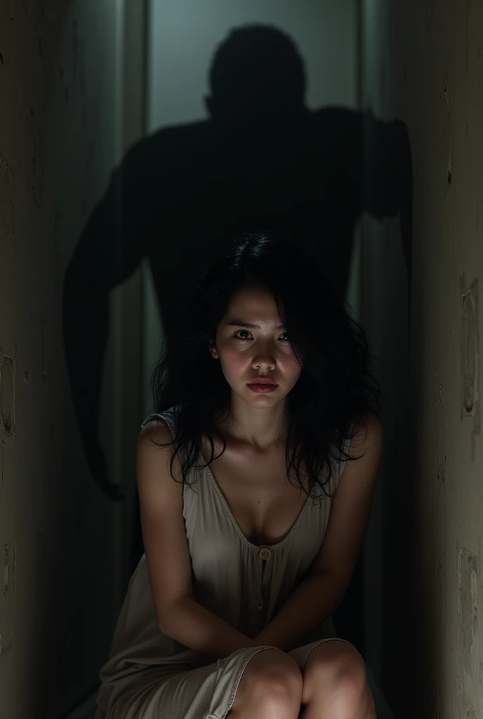 A white woman, with her black hair. Locked in a room and behind a big man who only sees his shadow. 