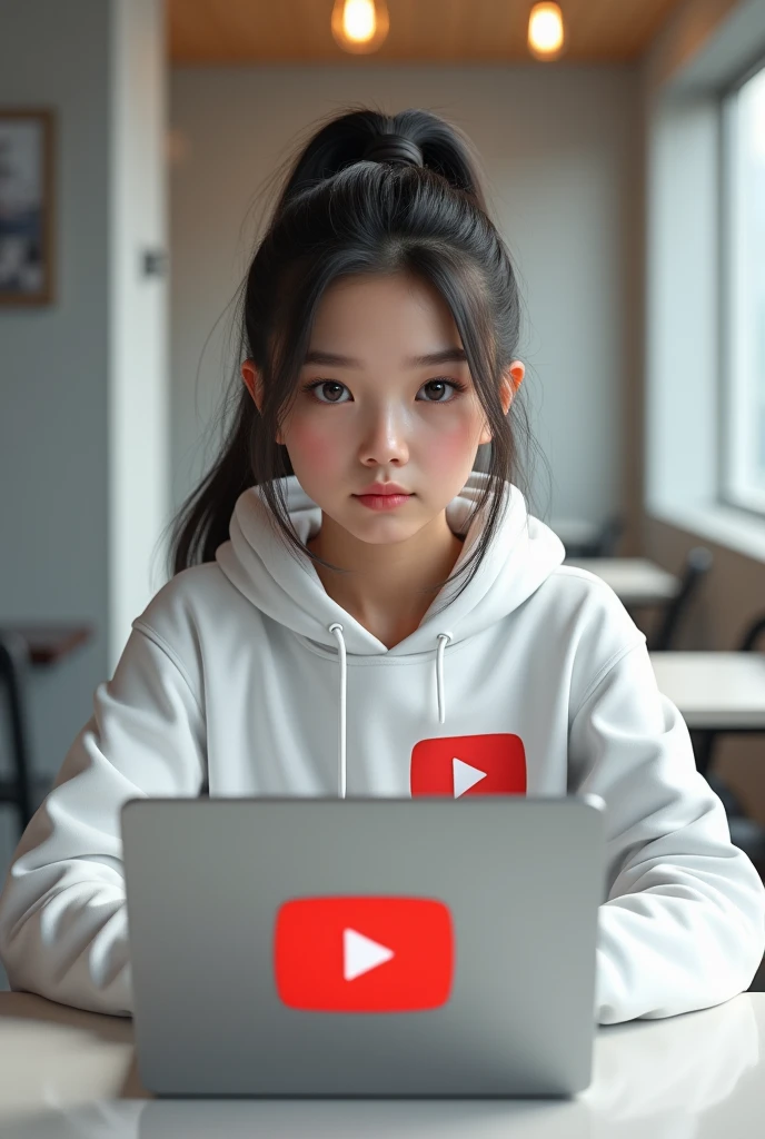 Create me a girl with pony tail sitting behind a table exactly in front of camera , confidently looking into my camera wearing white hoodie with Ai Girl logo on its front , with a laptop on table with big youtube logo
