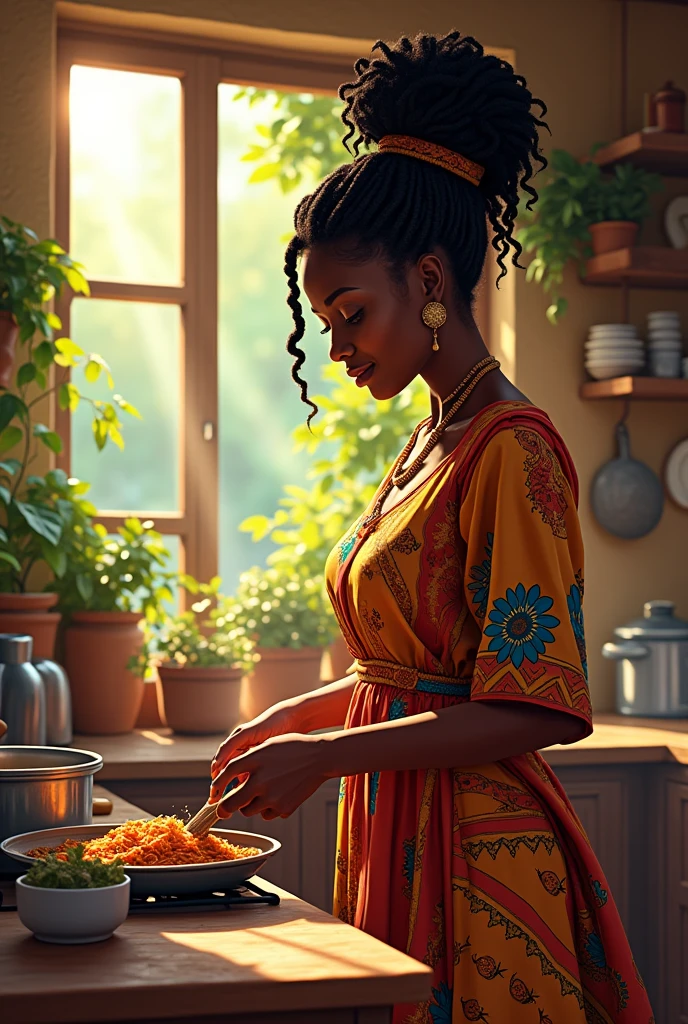 frican woman in the kitchen cooking change the background
