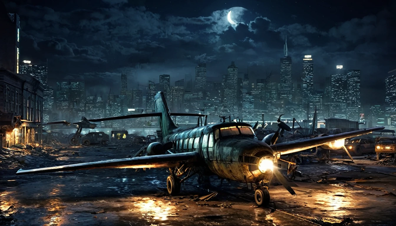 plane night city post apocalyptic
