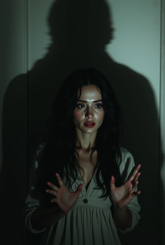 A white woman, with her black hair. Locked in a room and behind a big man who only sees his shadow. 