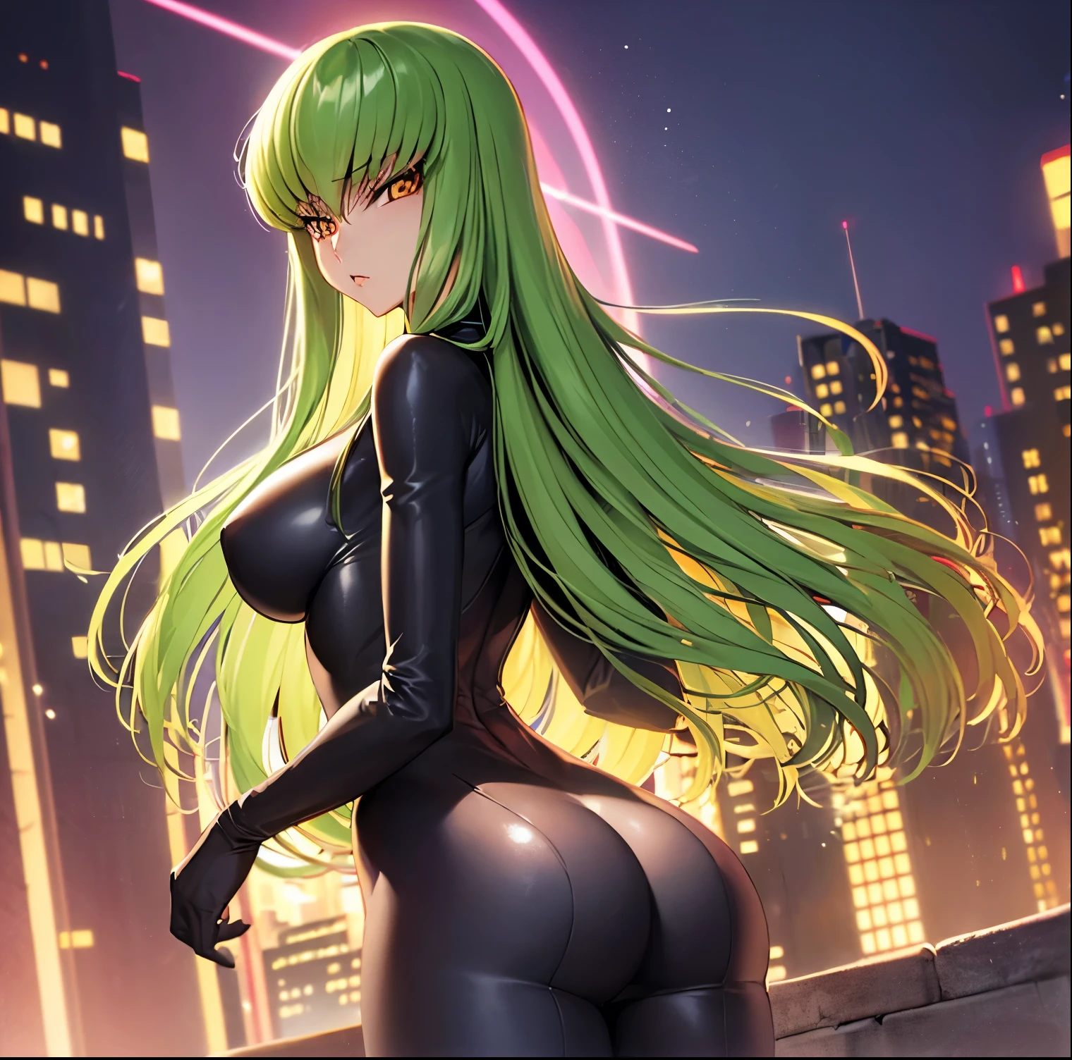 ((1girl)),((alone)),C.C., ( Code Geass),(masterpiece), (best quality), (ultra detailed), (best illustration), (best shadow), (absurdities), sharp focus , cowboy shot, atmospheric perspective, depth of field, dynamic posture, ((looking at viewer)), medium breasts, narrow waist, wide hips, wide thighs, round butt, erotic, romantic, (very detailed eyes, lips 1.1) , very detailed eyes, eyes, Very detailed face, Very beautiful face, Symmetrical face, Aesthetic face, perfect face, perfect eyes, detailed eyelashes: 1.5), full height, beautiful slim figure, femininity, expressive appearance, elastic medium breasts, sexuality ,parted lips,orange eyes, long hair, green hair, (black bodysuit, zero suit: 1.1), cleavage, black and red cape, zero \(code geass\), zero mask, curves, defined body, perfect body and beautiful, perfect and beautiful, mouth closed, expressionless, frowning, blushing,(sexy pose: 1.2), ((solo)), standing: 1.3,((outdoor, cybeppunk landscape,,cityscape, cybeppunk city,lights neon,night,city lights)), Looking back, from behind, ((centered on butt:1.4)), point of view: (from below), perfect anatomy, perfect hands