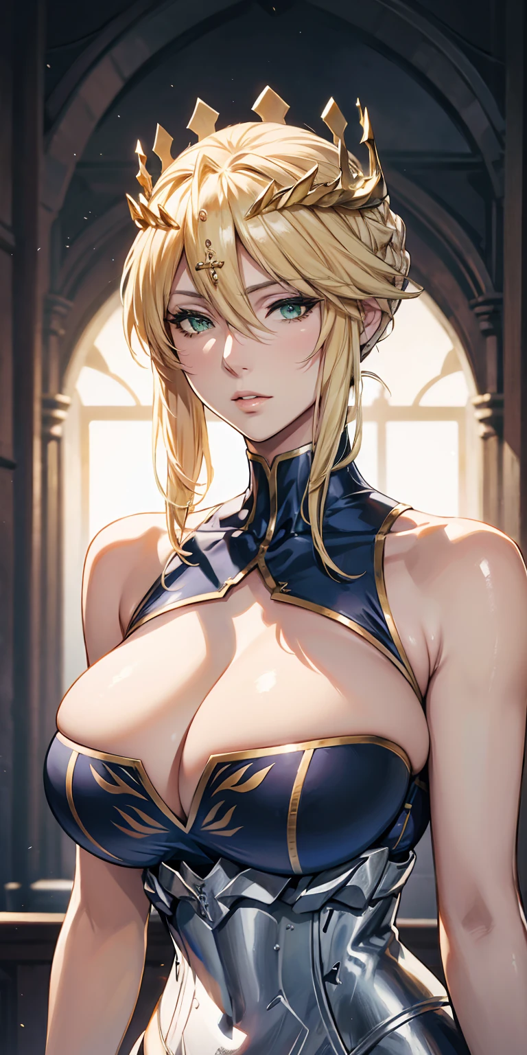 Artoria Lancer, Mature Woman, elegant, Blonde, Green Eyes, Curvaceous, Crown, Bare shoulders, Portraiture, Upper Body, 4K resolution, high quality