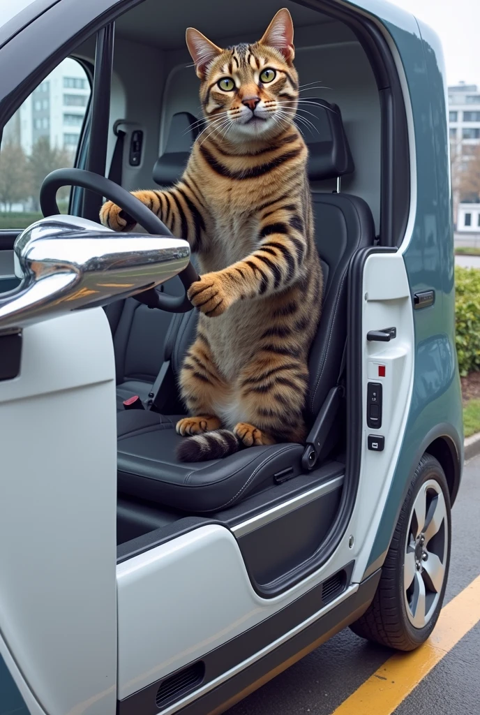 Create a photo of a Cris-colored European tiger cat driving a 2016 Hyundai Veloter vehicle in which the vehicle and the cat can be seen