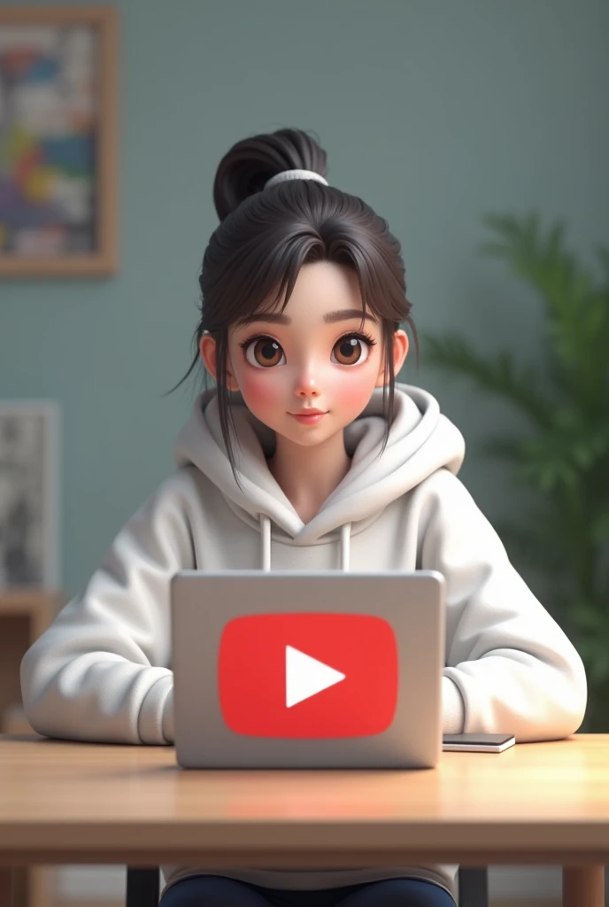 Create me a young
girl with pony tail sitting behind a table exactly in front of camera , confidently looking into my camera wearing white hoodie with Ai Girl logo on its front , with a laptop on table with big youtube logo