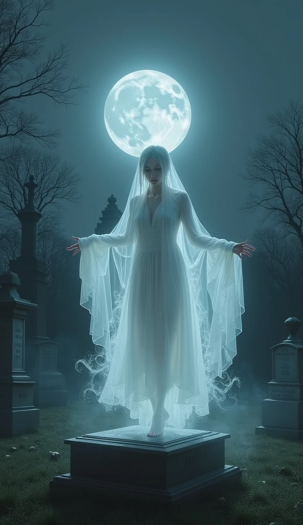 A chilling scene of the Lady in White hovering above a grave, her figure glowing softly in the moonlight, exuding a sense of eternal sadness