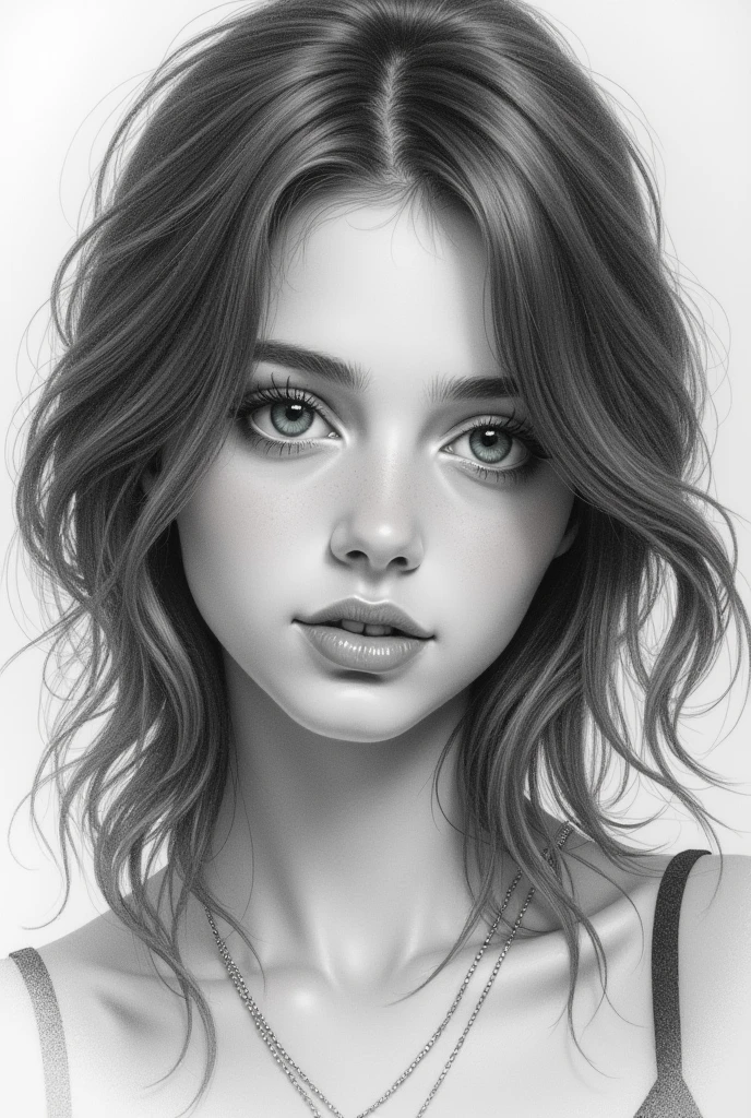 Hello, Can you give me like a drawing of an 18 year old girl?, Brown hair, as in layers, green eyes and pretty, try to make it as if it were a pencil drawing that I can trace