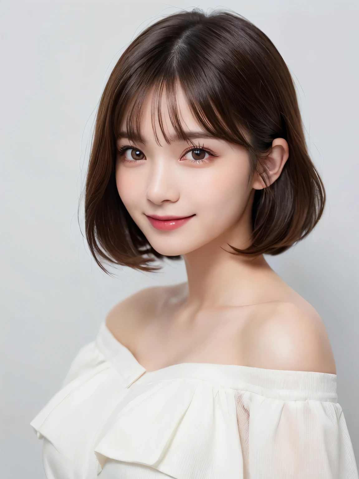 white background, full body portrait, looks very happy, smile, one girl, (a beauty girl, delicate girl:1.3), (20 years old:1.3), (white off shoulder dress), very fine eyes, (symmetrical eyes:1.3), C cup breasts, brown eyes, parted bangs, short hair, (eyes and faces with detailed:1.0), (masterpiece, best quality, ultra detailed, detailed face, 8k)