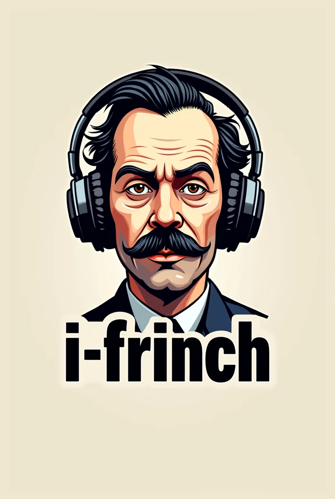 Create a logo for a bluetooth headphones brand with the name (I-Frinch) with a phototoon of the philosopher Friedrich Nietzsche with headphones