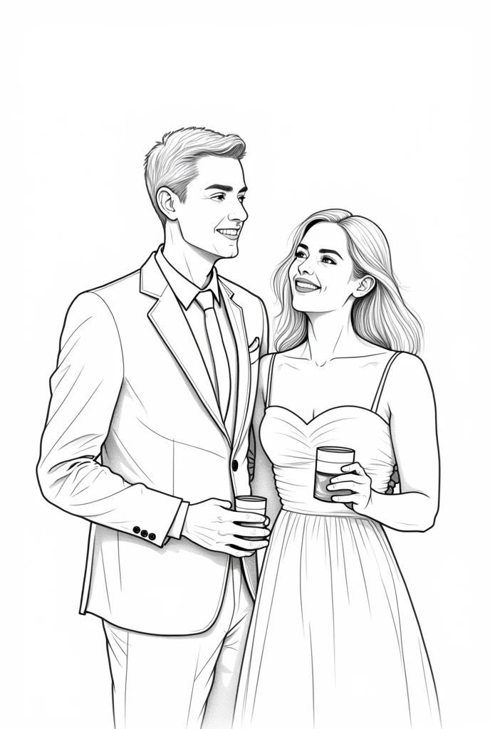 Create a lineart illustration Scene: Joanne and Ben on Honeymoon: Illustrate Ben and Joanne in a moment of apparent celebration, with Ben holding a container of whiskey and Joanne looking pleased. The background could suggest a party setting or a honeymoon location, contrasting with the tension that unfolds.