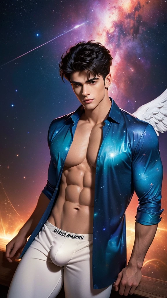 (1980s anime cosmic fallen angel:1.5), (masterpiece, high resolution, detailed:1.3), a mesmerizing depiction of a (strikingly handsome young man:1.5), (face: Matthew Daddario), donning (cosmic print shirt and black brief, bulge:1.5), (open shirt showcasing chest and abs: 1.5), gorgeous, beautiful, wet, muscular, perfect eyes, sexy gaze, looking at the viewers romantically, perfect bare body, smooth skin, wide chest, largest breast, extremely large pectorals, big nipples, breathtaking grandeur, best quality, Biomechanical, eerie, Creepy, nightmarish, very bright colors, light particles, with light glowing, Mshiff, wallpaper art, UHD wallpaper, his (toned physique:1.5) is bathed in the soft glow of distant stars, and a hot glow in his skin, creating an otherworldly aura, as he sexually gazes out into the depths of space, the intricate details of his attire and the (subtle gleam:1.2) on his skin are meticulously captured, lending an air of realism to the scene. Full body view,