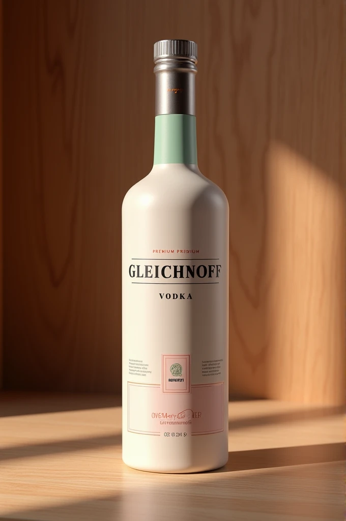 liter of vodka,  and minimalist packaging with pink and green details, wooden background with “gleichnoff” written on the label in capital letters 