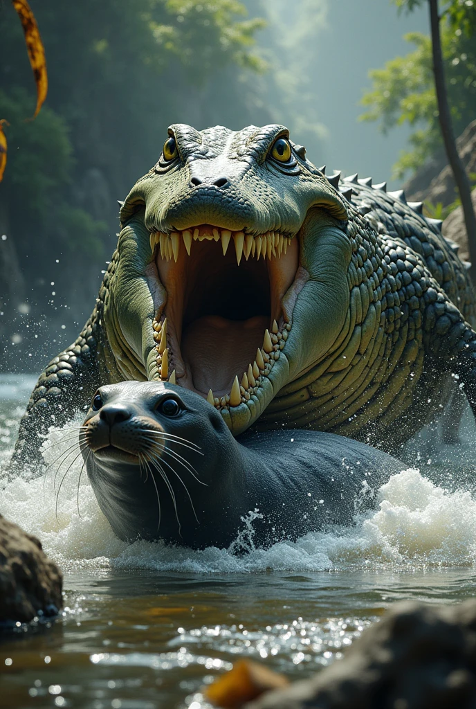 (photorealism:1.2), Crocodile eats a seal (Sensitive Graphics)