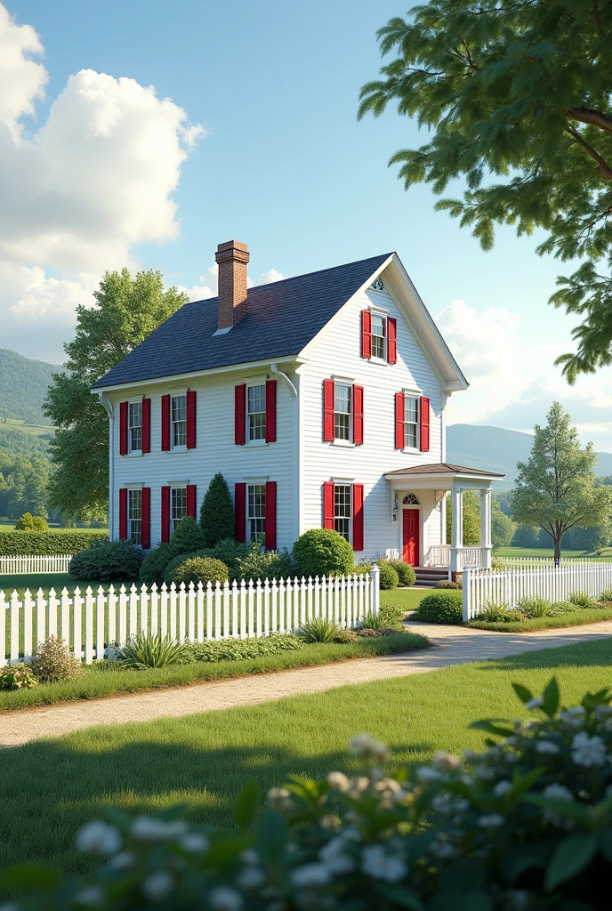 White house two story with red shutters in the country with a white picket fence