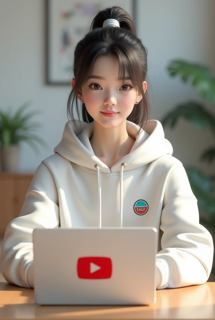 Create me a 19 year old
girl with pony tail sitting behind a table exactly in front of camera , confidently looking into my camera wearing white hoodie with Ai Girl logo on its front , with a laptop on table with big youtube logo