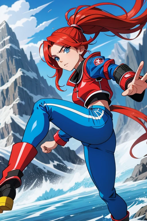 Professor Sylara Stormblade in an anime style, like a high, athletic Caucasian woman with long, bright red hair and bright blue eyes. She is in a dynamic karate kick pose.. Her outfit includes tight blue leather pants and leather boots.., that accentuate your athletic figure. The setting is a mountainous landscape., with the full-body image capturing the energy and style of the anime action..