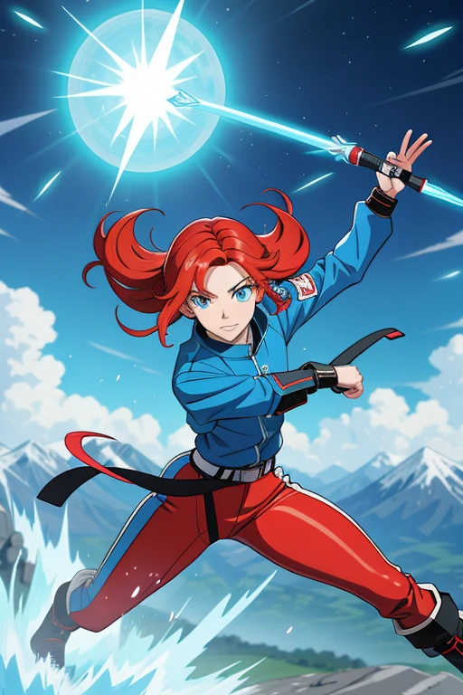 Professor Sylara Stormblade in an anime style, like a high, athletic Caucasian woman with long, bright red hair and bright blue eyes. She is in a dynamic karate kick pose.. Her outfit includes tight blue leather pants and leather boots.., that accentuate your athletic figure. The setting is a mountainous landscape., with the full-body image capturing the energy and style of the anime action..