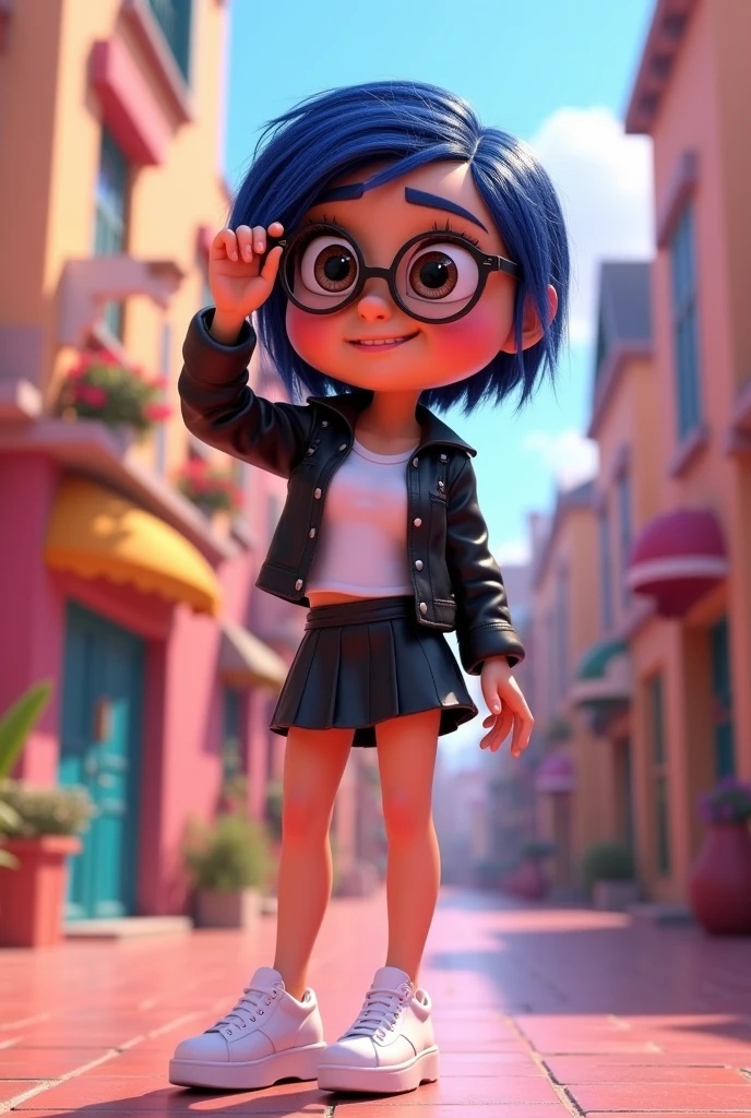 Personagem cartoon 3d de (Female One,  medium breasts) from the movie Inside Out Disney Pixar style, with the skin
(Pink), eyeballs (light brown s), body hair (body hair curto preto),
(wearing glasses, white blouse, Black jacke, short leather skirt, white platform shoe). expression of (smiling angrily) in the face