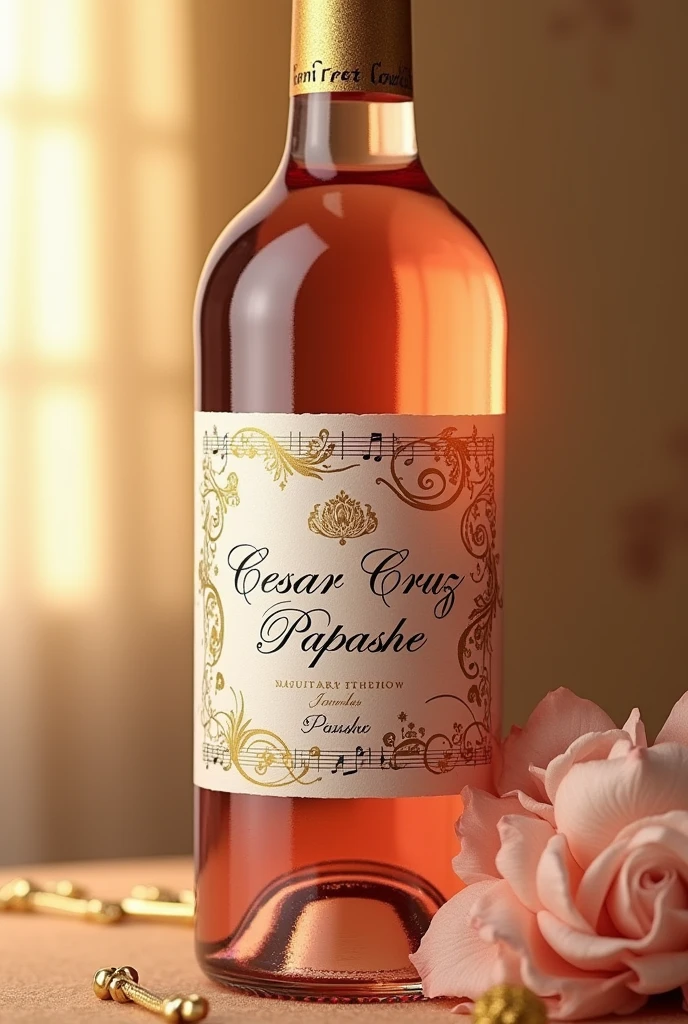 Personalized label on rose wine that says MY YEARS CESAR CRUZ PAPASHE thank you for attending with a gold and white music theme