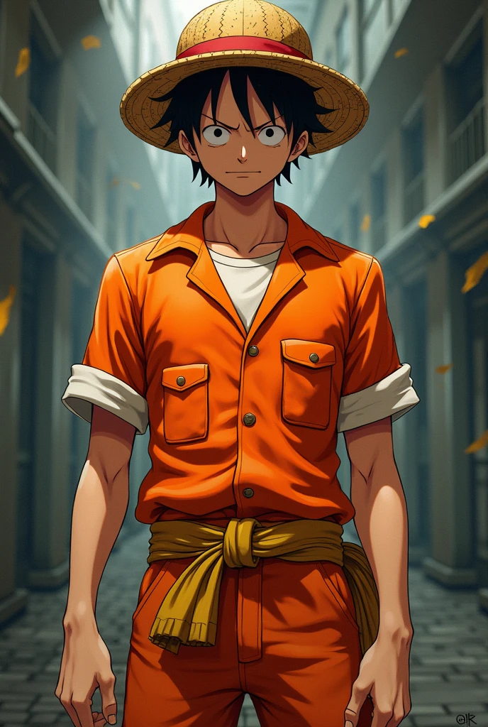 Monkey D. Luffy in an orange prison uniform with a white flannel shirt