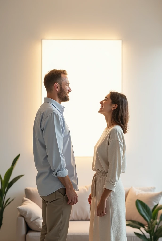 Create a white wall, Around place two adults who look at the wall and are happy because of how beautiful it looks,  the image to make it realistic as if they were in the house.
