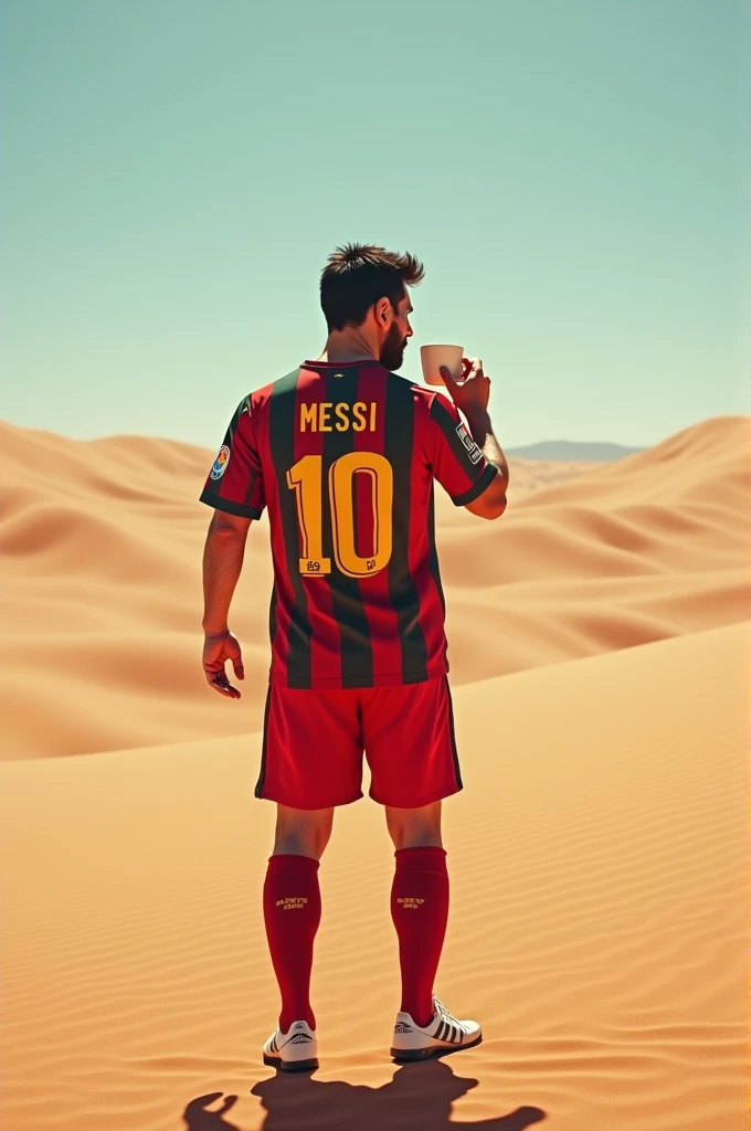 Messi wearing Ronaldo's shirt drinking coffee in the desert